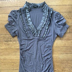 XXI Forever 21 silver Gray Short Sleeve satin Ruffle blouse top medium womens